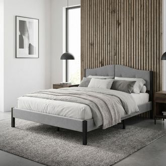 ML Design Ml-design Cama Tapizada Doble 140x200 Cm Estructura Con Cabecero Y Somier Robusto De L&aacute;minas Con Armaz&oacute;n De Acero Y Tejido De Lino Gris, Base Para Dor