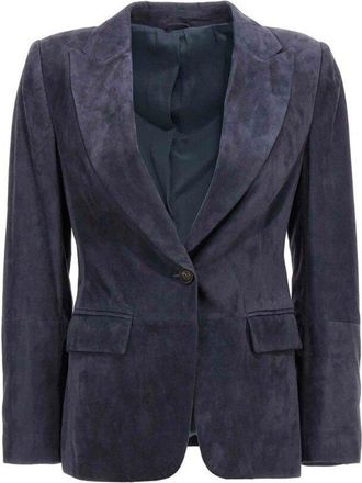Brunello Cucinelli Dark Blue Suede Blazer, Brand Size 44 (US Size 10)