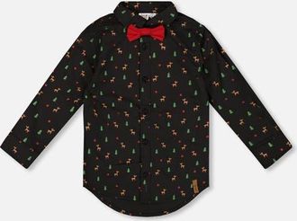Deux par Deux Poplin Shirt with Bow Tie in Black And Multicolor at Nordstrom, Size 24M
