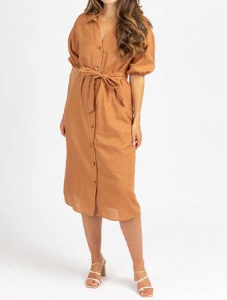 Blue Blush Collared Waist Tie Midi Dress In Auburn