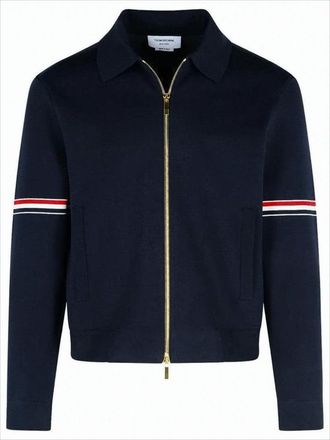 Thom Browne Navy Zip-Up Jacket With Striped Arm Bands And Gold Hardware