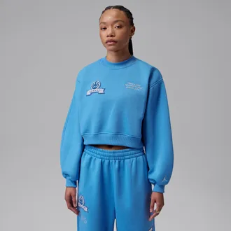 Nike Jordan Womens Jordan Brooklyn Fleece Cropped Crew-Neck Sweatshirt in Blue | IM6975-485