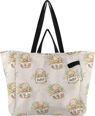 Generic Floral Bear Beige print Reusable Canvas Tote Bag, Heavy Duty Grocery Shopping Bag with Double Handles Large Capacity Hard Bottom Work Groceries Travel