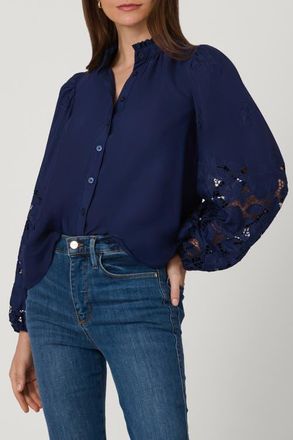 Shoshanna Eyelet Crepe de Chine Ingrid Top in Navy at Nordstrom, Size X-Large