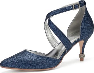 Generic Wedding Bridal Shoes Womens 7.5Cm High Heels Ankle Strap Pointed Toe Bridal Dress Stiletto Prom Formal Party Shoes,Dark Blue,6 UK