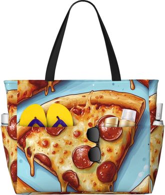 Generic Cute Pizza Print Large Beach Bag Foldable Travel Shoulder Tote Bag With Pocket For Weekender Pool Vacation