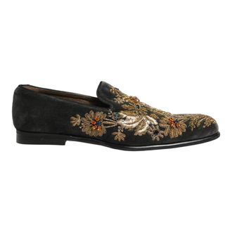 Dolce & Gabbana Velvet Loafers with Embroidery - male - Dolce & Gabbana - Loafers - Black - 10 UK - Shoes
