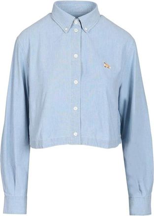 Maison Kitsun&eacute; Overhemden, Dames, Blauw, XS, Katoen, Baby Fox Cropped Shirt