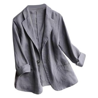 Generic Linen Jackets For Women Uk Lightweight 3/4 Sleeve Tops Cardigan Plus Size Solid Color Suit Jacket Long Sleeve Office Buttons Shirts With Pockets Lapel
