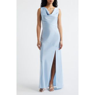 Wayf Lea Cowl Neck Satin Gown in Light Blue at Nordstrom, Size X-Large