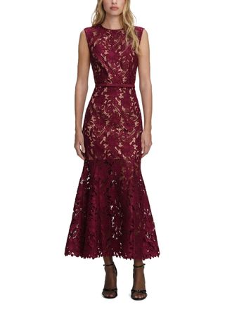 Self Portrait Burgundy Guipure Lace Midi Dress with Defined Waist