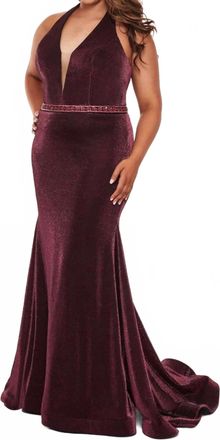 Rachel Allan Metallic Jersey Halter Neck Prom Gown In Magenta/black