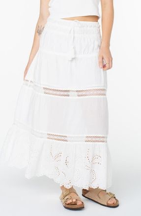 Roxy Castaway Embroidered Cotton Maxi Skirt in Snow White Solid at Nordstrom, Size Small