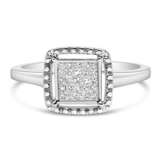 House of Brilliance Silver 1/5 Cttw Invisible Set Princess Cut Diamond Promise Ring with Beaded Halo in White at Nordstrom, Size 7