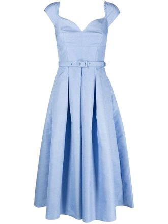 Self Portrait Structured Blue Taffeta Midi Dress with Sweetheart Neckline and Pleated Skirt