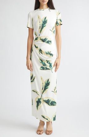 Oscar De La Renta Ficus Leaves Print Jersey Dress in Green/Ivory at Nordstrom, Size 12