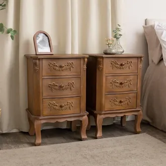 Melody Maison Pair Of Wooden 3 Drawer Bedside Tables - Pays Du Bois Range in Brown