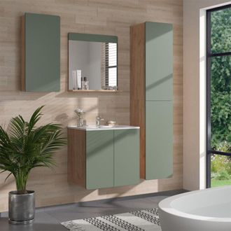 Vicco Conjunto De Muebles De Ba&ntilde;o Izan, Goldkraft Roble/verde, 5 Piezas Con Mueble Alto Y Alto