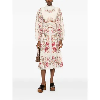 Farm Rio Floral Crochet-Smocked Cotton Day Dress - Beige