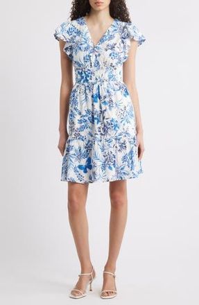 Eliza J Floral Print Tiered Dress in Iye Blue/White Multi at Nordstrom Rack, Size 14