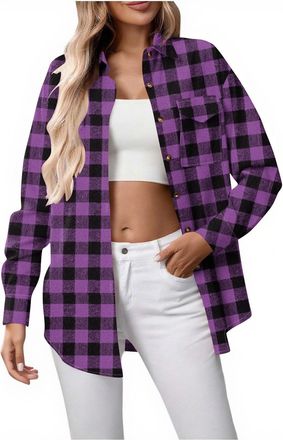Generic Purple Womens Checked Shirt, Long Sleeve Button Down Pocket Shirts, Loose Fit Plaid Overshirt, Ladies Lightweight Shirt Jacktes, Trendy Casual Layerin