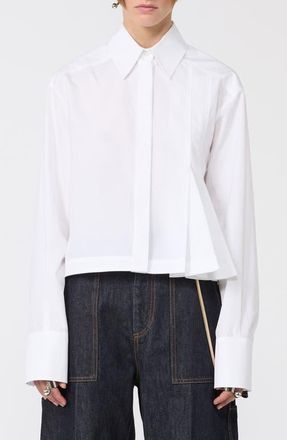 Sportmax Certo Pleated Crop Poplin Button-Up Shirt in Optical White at Nordstrom, Size 6