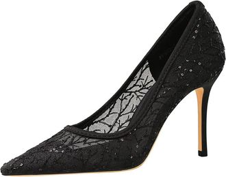 Generic Women Pointed Toe High Heels Sexy Pumps Stiletto 9CM Sequins Black Lace Mesh for Bride Prom Party (6.5)