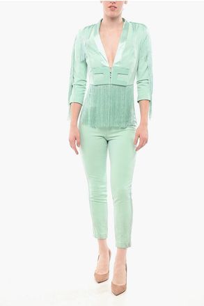 Elisabetta Franchi Satin Detailed Tuxedo Jumpsuit with Fringes size 40