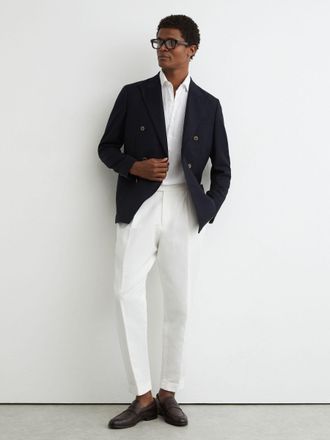 Reiss Mens Navy Wool Herringbone Double-breasted Blazer Tailored-fit, 44
