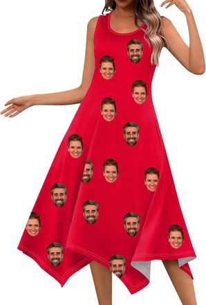 Generic Personalized Womens Casual Summer Sundresses with Photo Face Custom Flowy Sleeveless Tank Dresses Irregular Hem Dress Beach Vacation Outfits Red