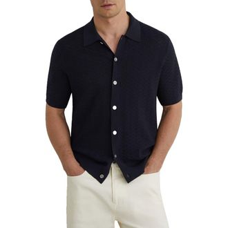 Reiss Phoenix Chevron Knit Button-Up Shirt in Navy at Nordstrom, Size Xx-Large