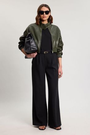 Karen Millen Womens Leather Bomber Jacket - Green - Size 14 UK