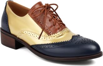 Generic Womens Lace-Up Wingtip Oxford Shoes Multi-Color Panel Perforated Detail Chunky Block Heel Round Toe Lightweight Comfortable Shoes for Fashion Casual,G