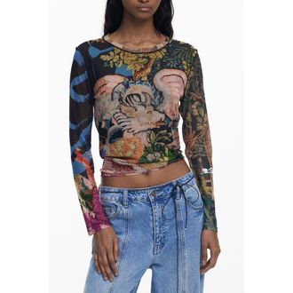 Desigual Bloemige Mesch Lange Mouwen Top
