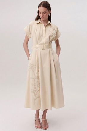 Exquise Kelsie Short Sleeve Midi Shirt Dress in Cream at Nordstrom, Size X-Large
