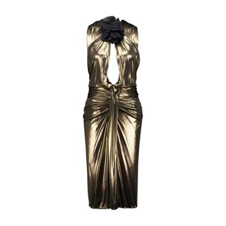Saint Laurent Party Dresses, female, Yellow, M, Gold Laminated Halterneck Midi Dress