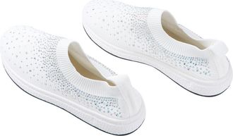 Yardwe Breathable Non-Slip Walking Shoes Women Summer Lightweight Flat Sneakers with Rhinestone Decor Stretch Knit Mesh Upper for Comfort and Quick Drying fo