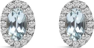 House of Brilliance 10K White Gold 5x3 MM Oval Blue Aquamarine and Diamond Halo Stud Earrings (I-J Color, I1-I2 Clarity)