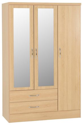 Seconique Nevada 3 Door 2 Drawer Mirrored Wardrobe in Light Oak