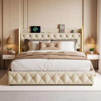 OEM Cama Hidr&aacute;ulica Doble 140x200cm - Tejido De Terciopelo Beige - Led Rgb - Carga Inal&aacute;mbrica - Dise&ntilde;o Moderno