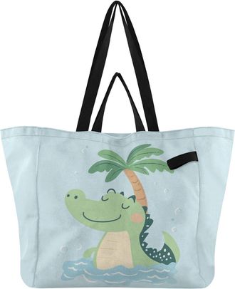 Generic Crocodile Green Palm Tree pattern Reusable Canvas Tote Bag, Heavy Duty Grocery Shopping Bag with Large Capacity Hard Bottom Double Handles Work Grocer