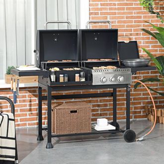 OUTSUNNY Dual Fuel BBQ Grill with Warming Rack, Barbecue 2+1 Gas Burner in Black