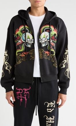 Ed Hardy Dragon Skulls Rhinestone Boxy Zip Hoodie in Black at Nordstrom Rack, Size X-Large