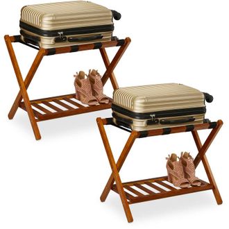 Relaxdays Relaxdays Pack 2 Soportes Maletas, Taburetes Equipaje Plegables, 54x66x45cm, Portabultos Madera Hotel, 2 Baldas, Natural