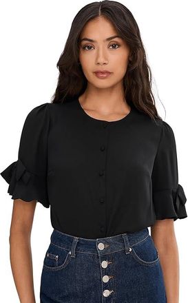 CeCe by Cynthia Steffe Flounce Elbow Bow Sleeve Top Womens Clothing Rich Black : SM, Polyester