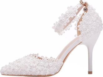 Frcolor White Lace Wedding High Heels for Women Pointed Toe Thin Heel Bridal Shoes Ankle Strap Size 38 Elegant Party Footwear for Weddings and Special Occasio