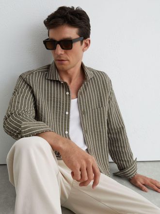 Reiss Vintage Green -blend Seersucker Pinstripe Shirt Regular-fit, Xxl