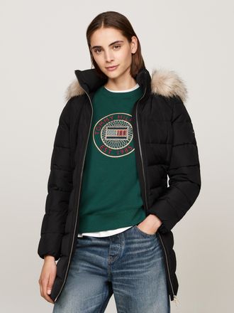 Tommy Hilfiger Steppmantel TOMMY HILFIGER HERITAGE DOWN TYRA COAT WITH FUR, Damen, Gr. XS (34), schwarz, Web, Obermaterial: 100% Polyester. Futter: 100% Polyester. W