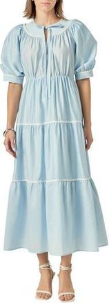 English Factory Embroidered Puff Sleeve Tiered Midi Dress in Powder Blue/white at Nordstrom Rack, Size X-Small