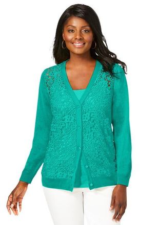 Jessica London Crochet Button-Front Cardigan in Aqua Sea at Nordstrom, Size 1X
